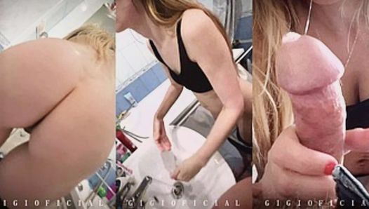 BATHROOM 18 years old stepdaughter sucks slowly my dick after fucking her step moms pussy